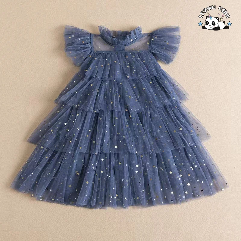 LEZONKIDS - Customizable Wholesale High Quality Little Princess Sparkle Star Printed Casual Tulle Kids Girls Dresses